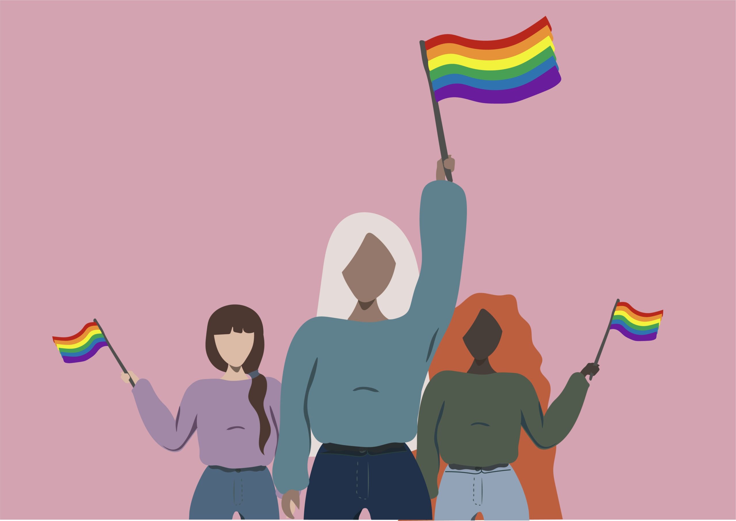 Illustration of different ethnicity girls waving pride flags