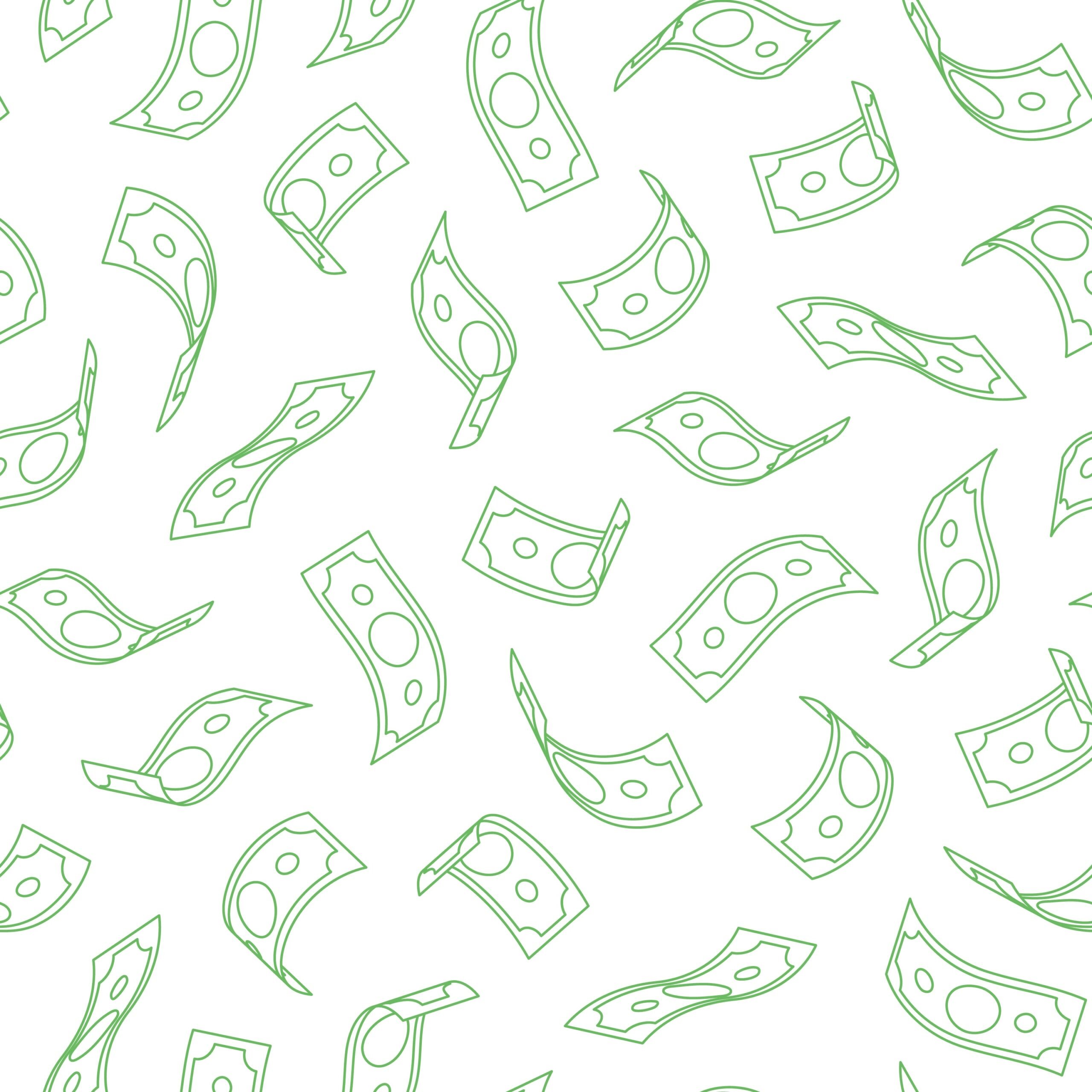 Seamless pattern featuring dollar bill illustrations falling in various three-dimensional positions.