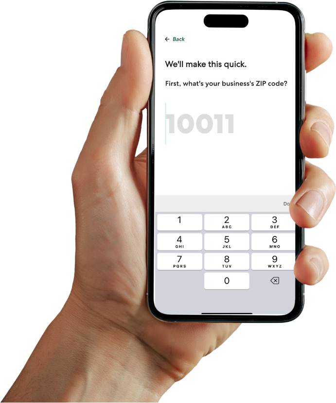 Mobile phone screen with the Thimble Get a Quote funnel that reads "We'll make this quick. First, what's your business's zip code?"