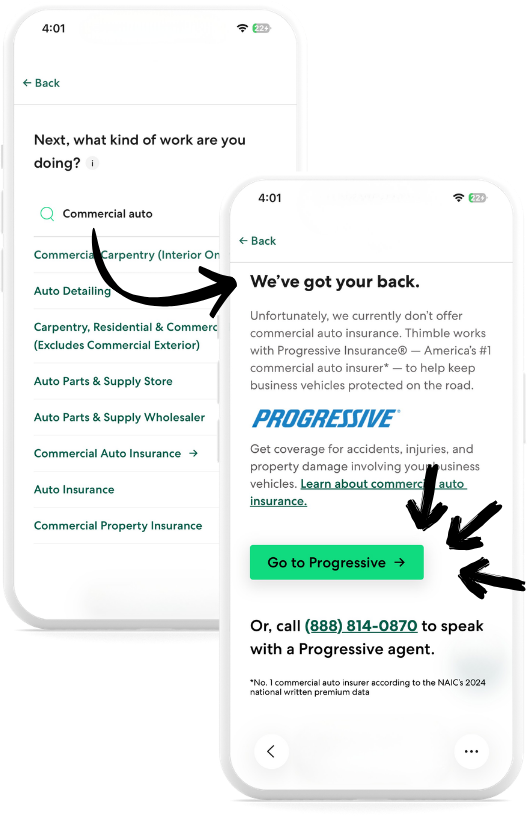 A mobile phone screen showing a step in the Thimble Get a Quote flow saying "Unfortunately, we currently don't offer commercial auto insurance. Thimble works with Progressive Insurance®...to help keep businesses vehicles protected on the road.