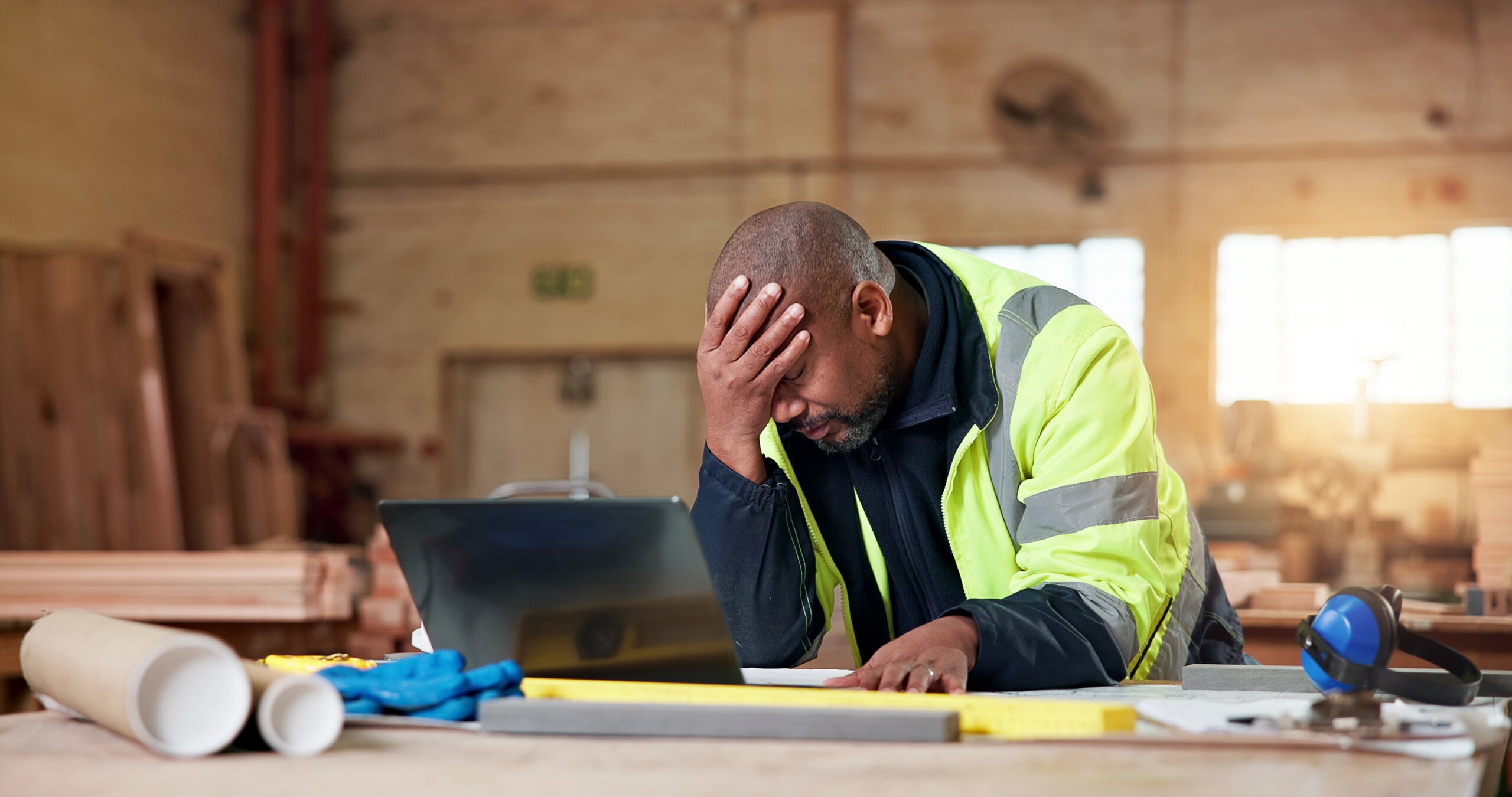 Carpenter in a woodworking factory getting some bad news by email